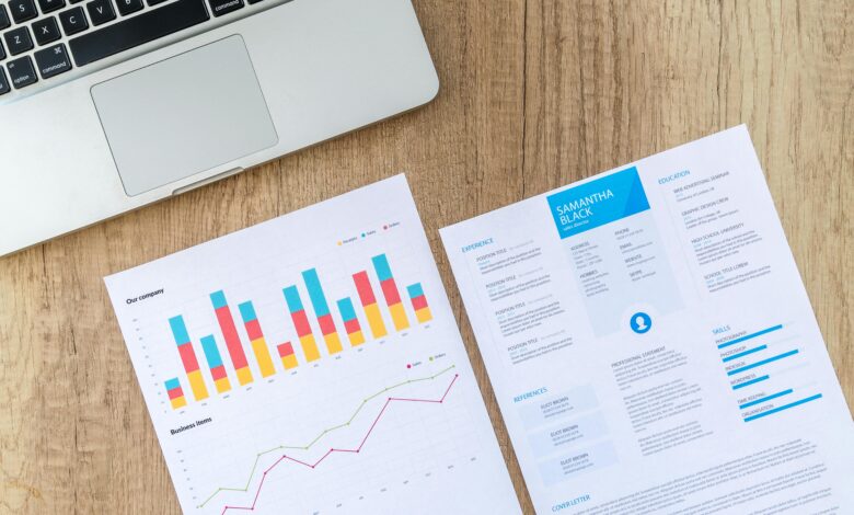 Laptop, charts, & resume on a wooden desk: business analysis & job application.