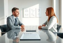 An interviewer listens to a candidate across a table with a tablet displaying Key Interview Topics.