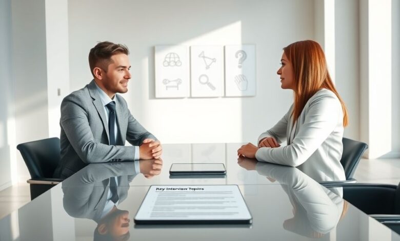 An interviewer listens to a candidate across a table with a tablet displaying Key Interview Topics.